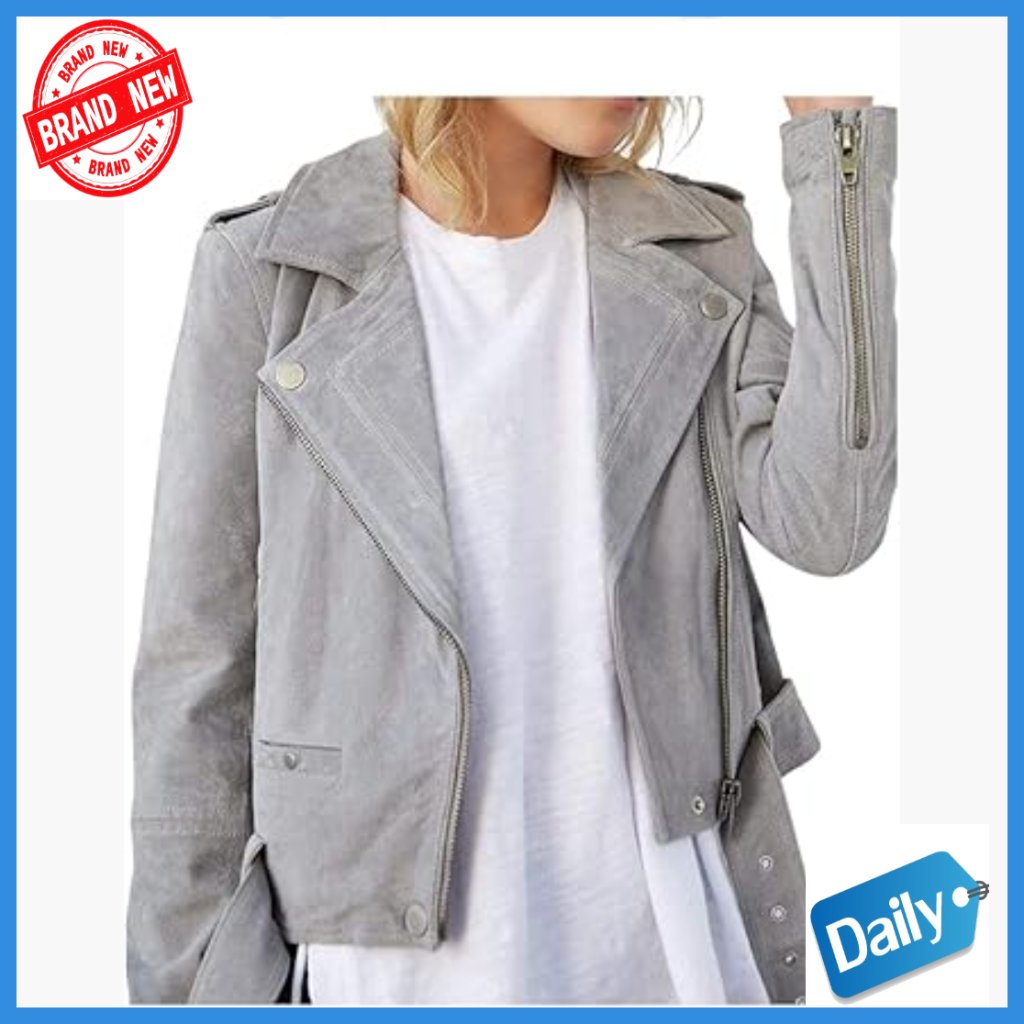 Suede Moto Jacket Cropped Fitted Leather Biker Coat Women's